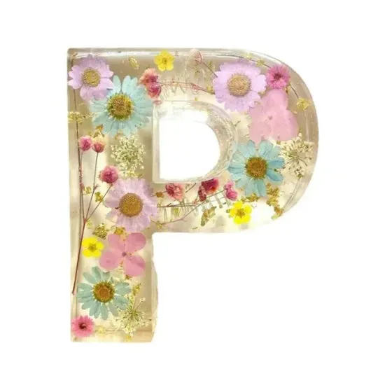 Transparent resin night light ornament with letter flower design, 15cm square, multiple colour options