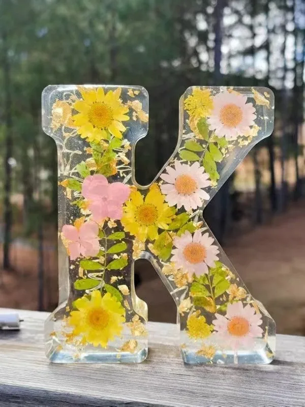 Transparent resin night light ornament with letter flower design, 15cm square, multiple colour options