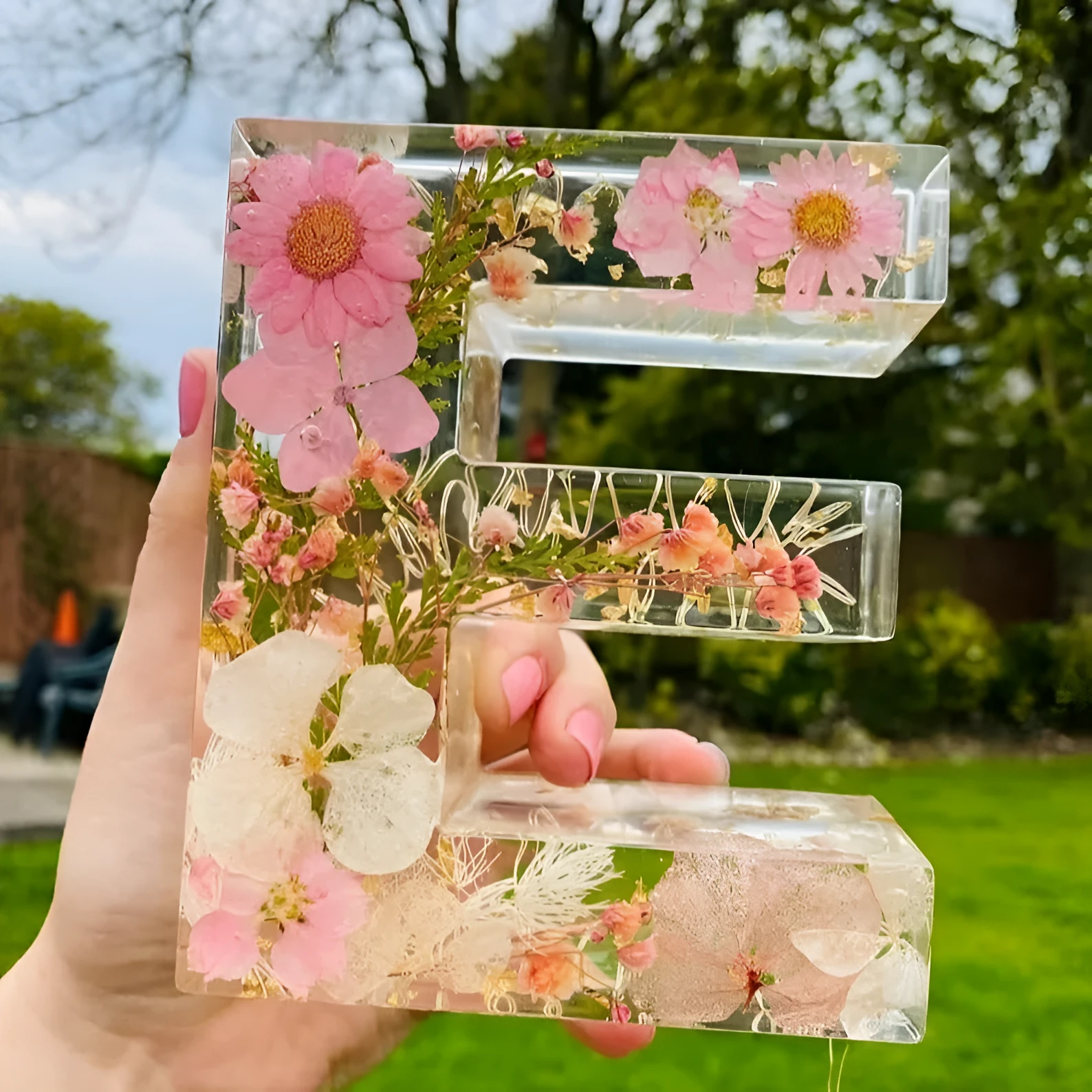 Transparent resin night light ornament with letter flower design, 15cm square, multiple colour options