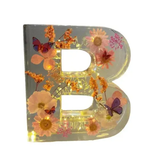 Transparent resin night light ornament with letter flower design, 15cm square, multiple colour options