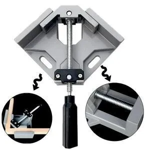 Black aluminium alloy 90 degree right angle clip with 70mm opening on a wooden workbench.