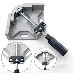 Black aluminium alloy 90 degree right angle clip with 70mm opening on a wooden workbench.