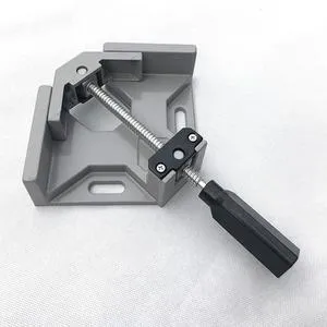 Black aluminium alloy 90 degree right angle clip with 70mm opening on a wooden workbench.