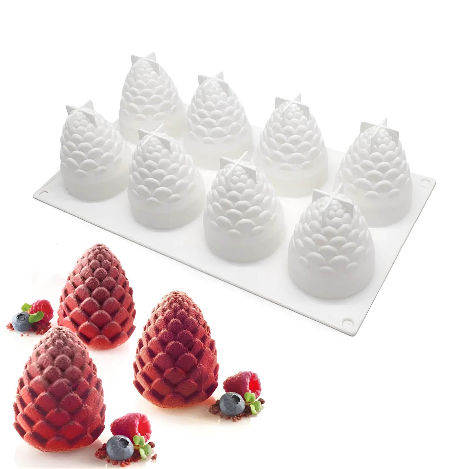 Six-cavity silicone baking mould with detailed pineapple, pine cone, and pear shapes for making Italian mousse.