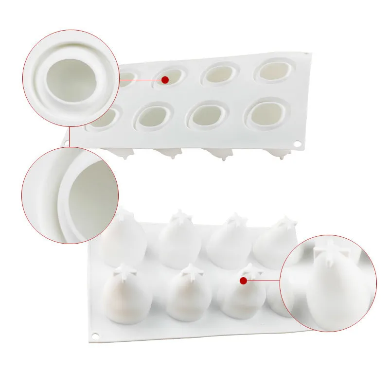 Six-cavity silicone baking mould with detailed pineapple, pine cone, and pear shapes for making Italian mousse.