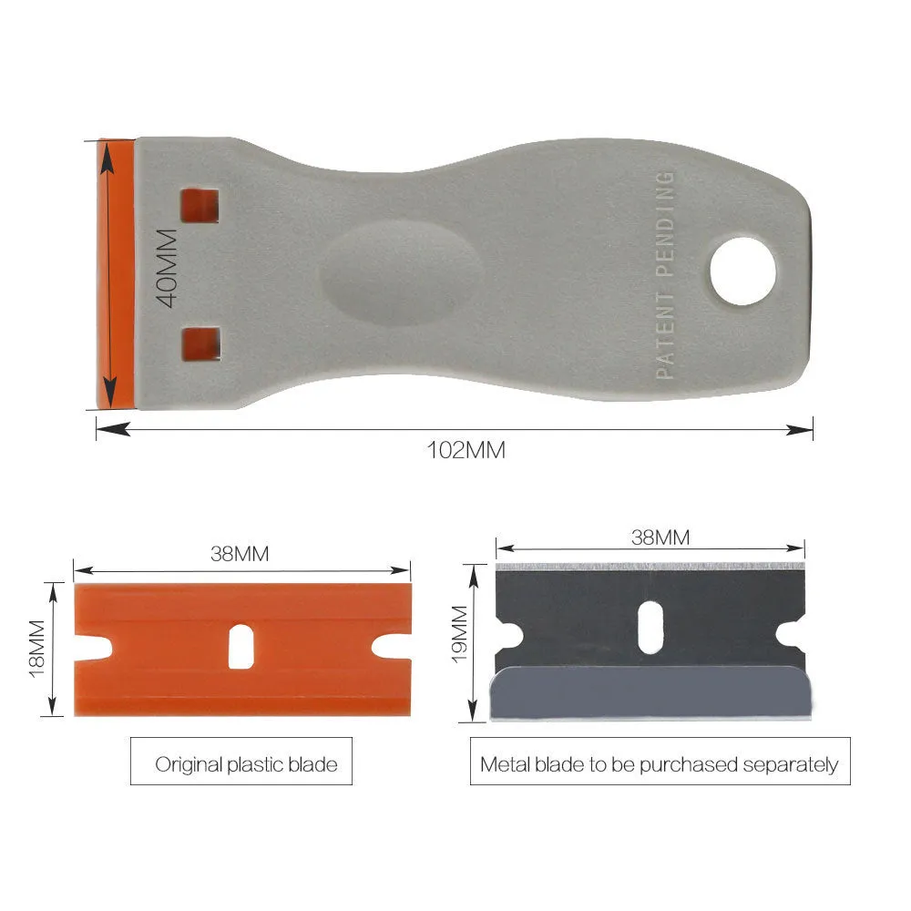 Grey plastic and metal car film glue removal scraper with stainless steel blade and 102mm cutting board