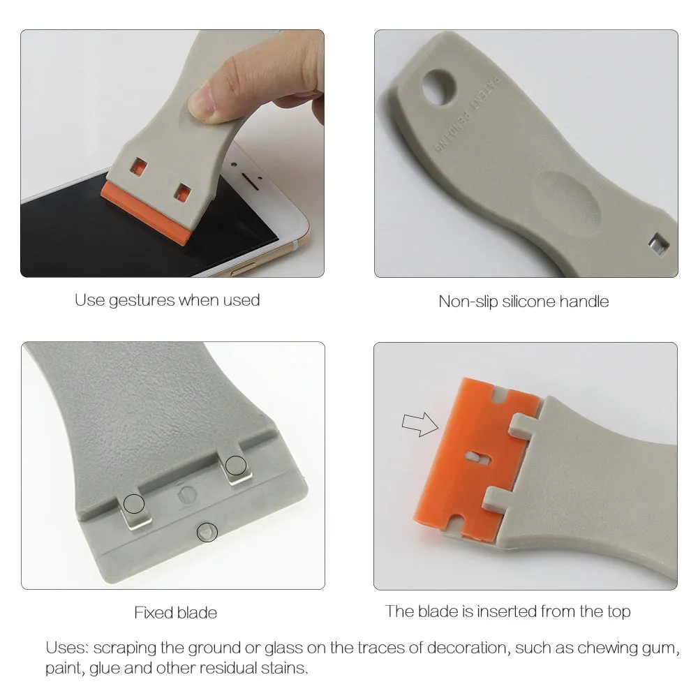 Grey plastic and metal car film glue removal scraper with stainless steel blade and 102mm cutting board