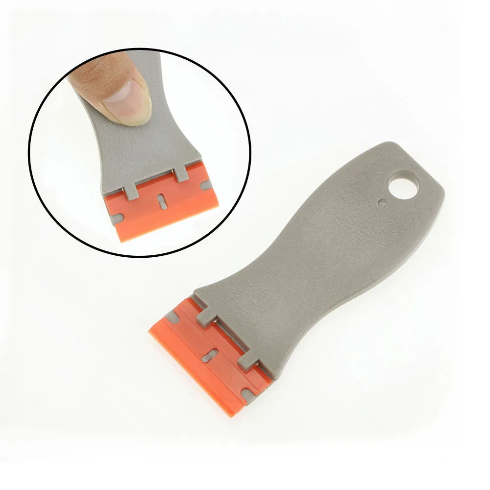 Grey plastic and metal car film glue removal scraper with stainless steel blade and 102mm cutting board