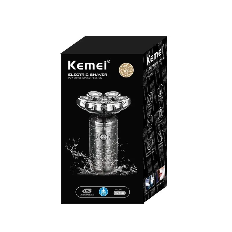 Silver black electric shaver with floating cutter head and USB cable on white background