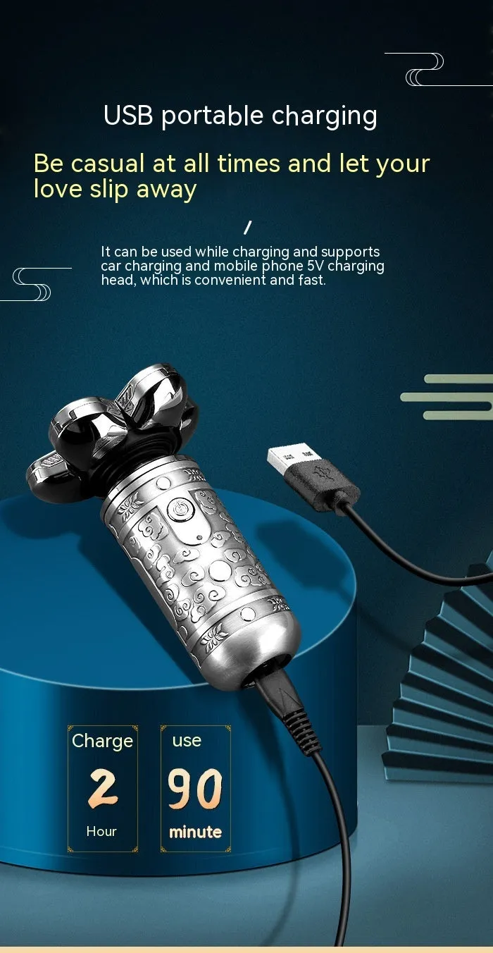 Silver black electric shaver with floating cutter head and USB cable on white background