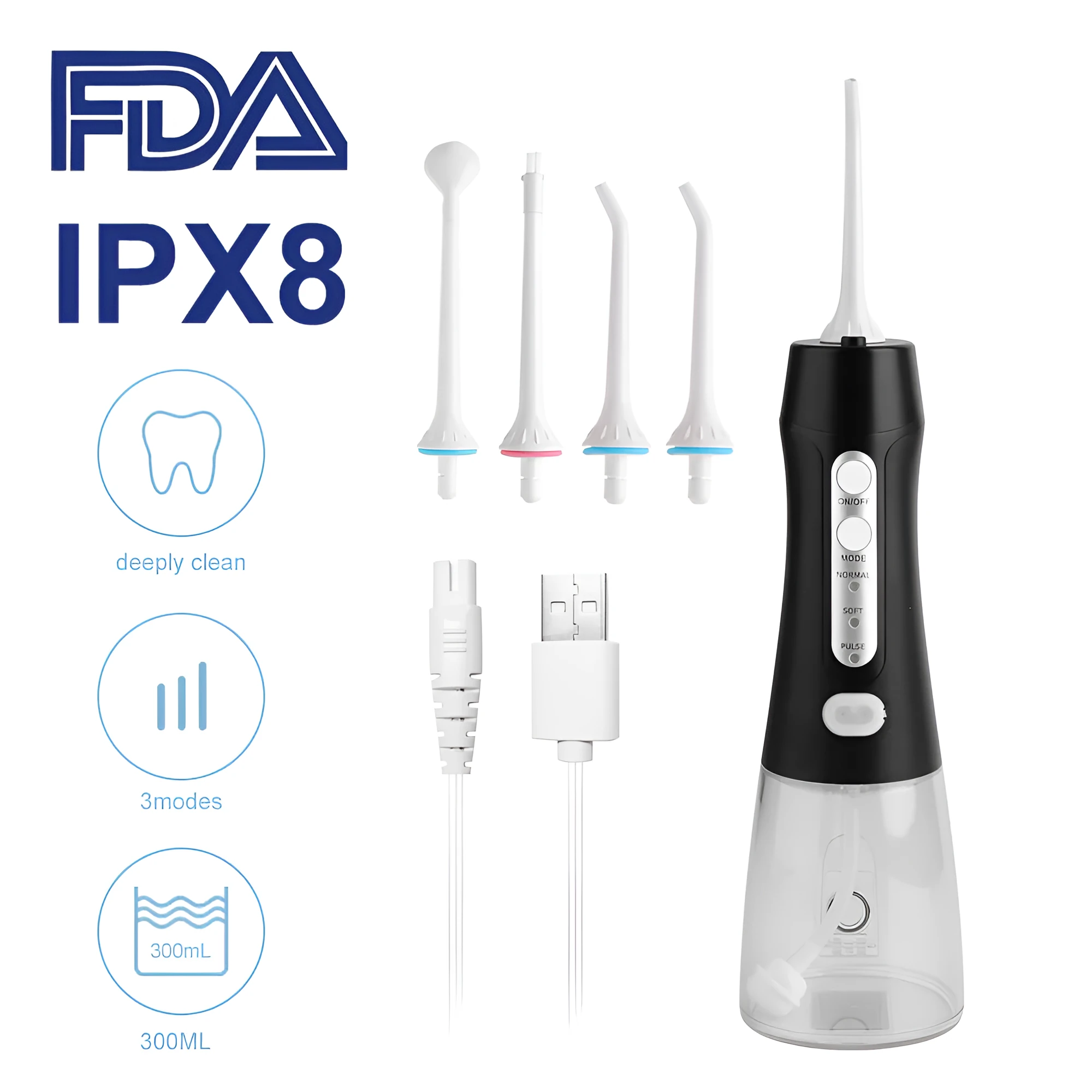 Portable electric tooth pulse water flosser with 300ml removable tank, three nozzles and IPX8 waterproof rating in avocado upgrade colour