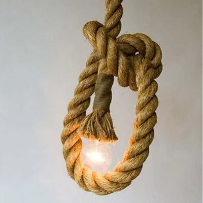 American country style braided hemp rope chandelier with single head on 3m drop against neutral wall
