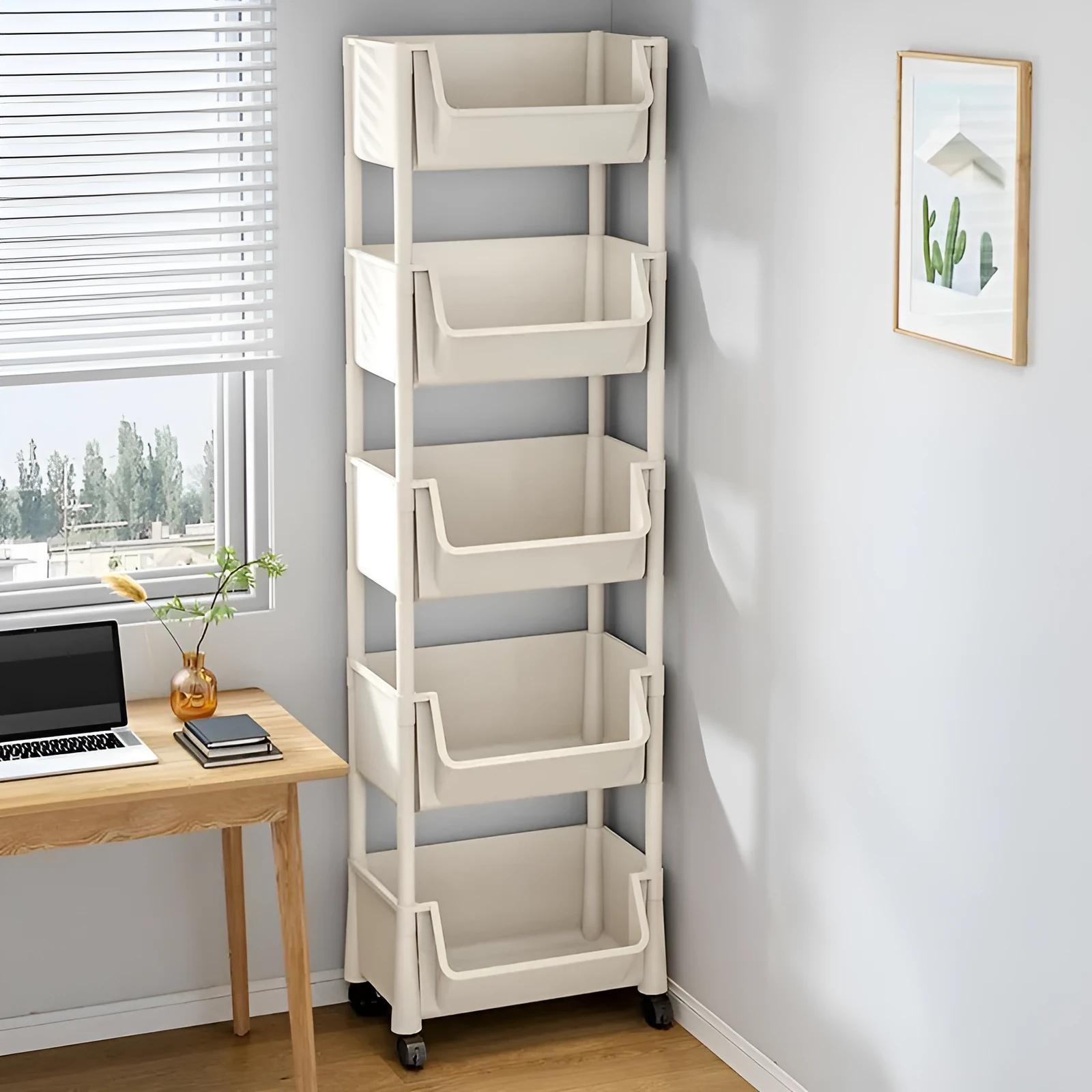 White household multi-layer plastic storage rack with wheels rotatable and movable 3 layers without cover