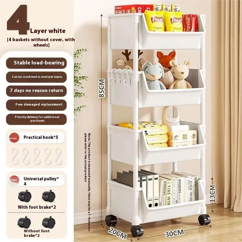 White household multi-layer plastic storage rack with wheels rotatable and movable 3 layers without cover