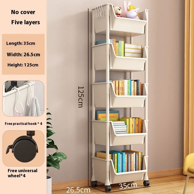 White household multi-layer plastic storage rack with wheels rotatable and movable 3 layers without cover