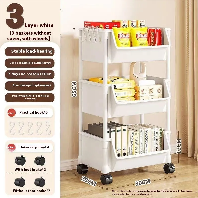 White household multi-layer plastic storage rack with wheels rotatable and movable 3 layers without cover