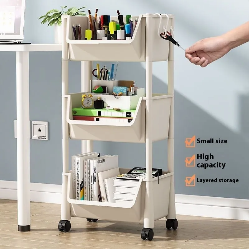 White household multi-layer plastic storage rack with wheels rotatable and movable 3 layers without cover