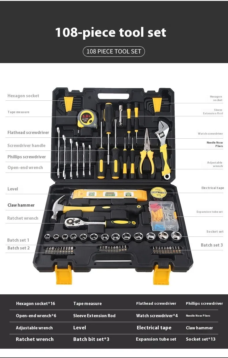 Carbon steel comprehensive household hardware kit 108pcs tools suit for home maintenance