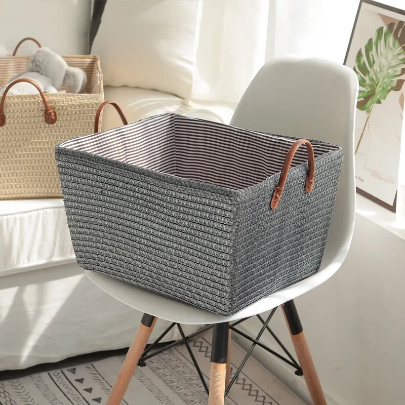 Cotton string storage basket in grey, 45x35x25cm, suitable for indoor laundry use