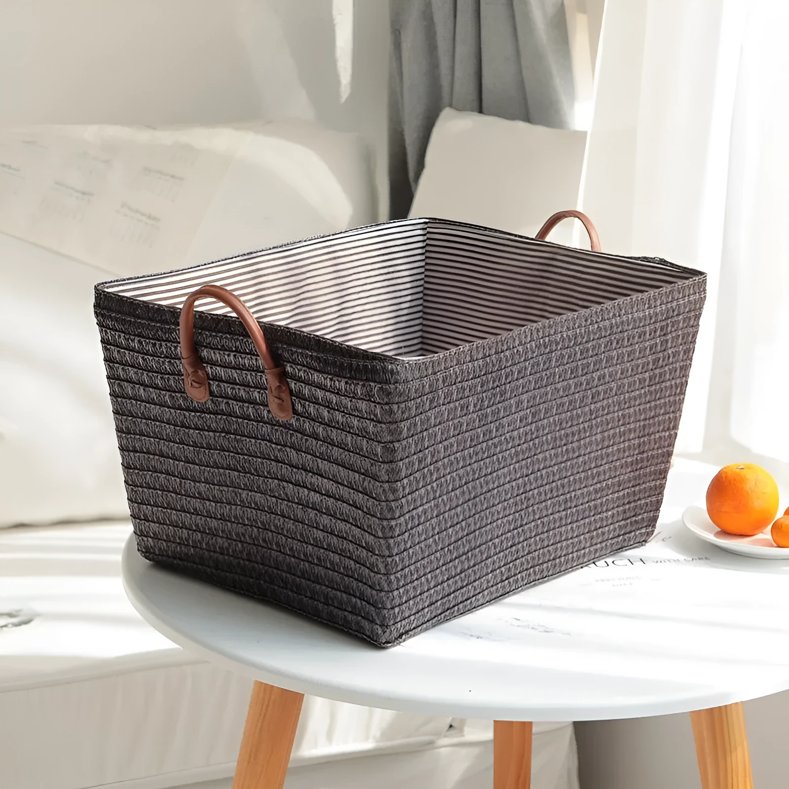 Cotton string storage basket in grey, 45x35x25cm, suitable for indoor laundry use