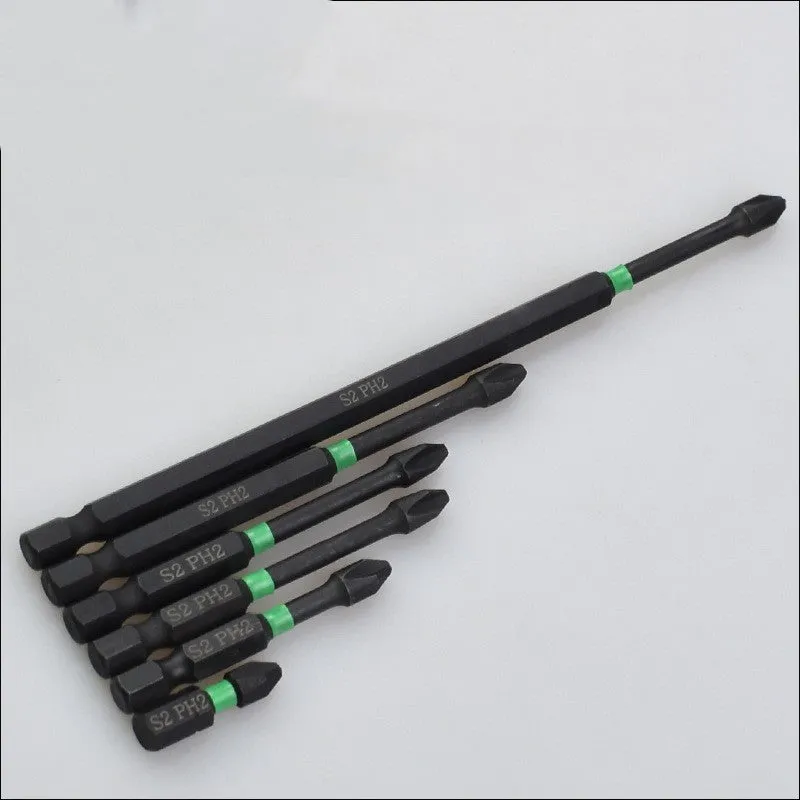 Six cross batch head screwdriver bits made from S2 alloy steel, each 50mm long with a magnetic tip, arranged on a plain background.