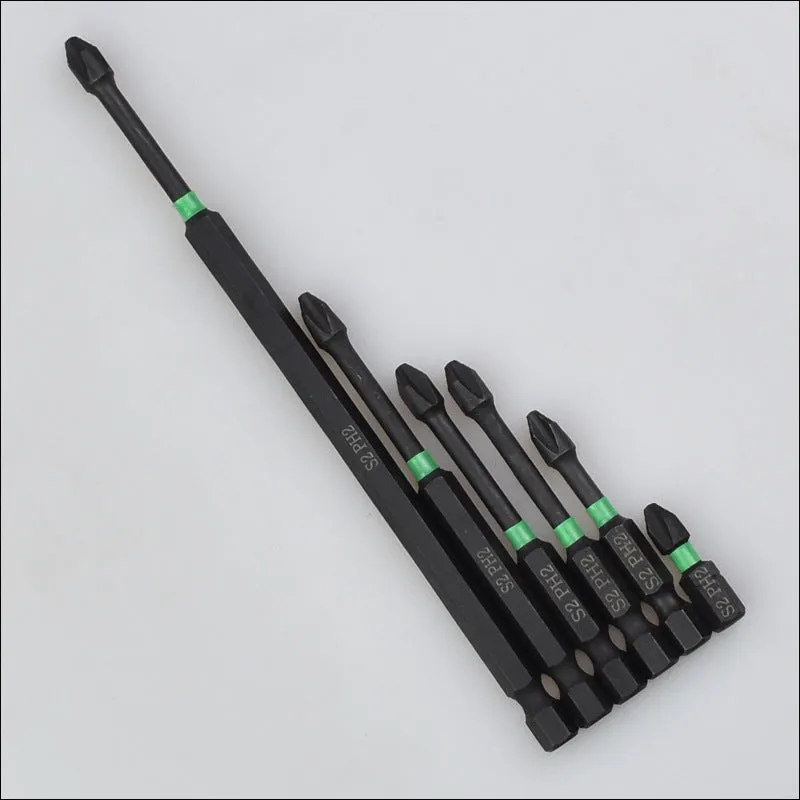Six cross batch head screwdriver bits made from S2 alloy steel, each 50mm long with a magnetic tip, arranged on a plain background.