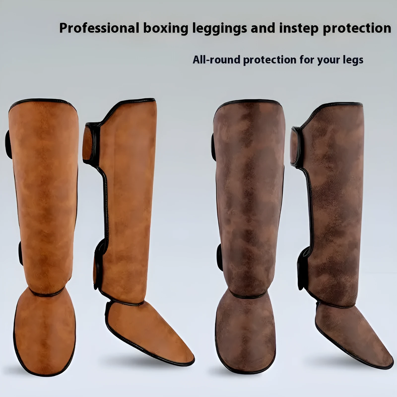 Thickened PU fighting boxing shin guard in brown vertical style for fitness training