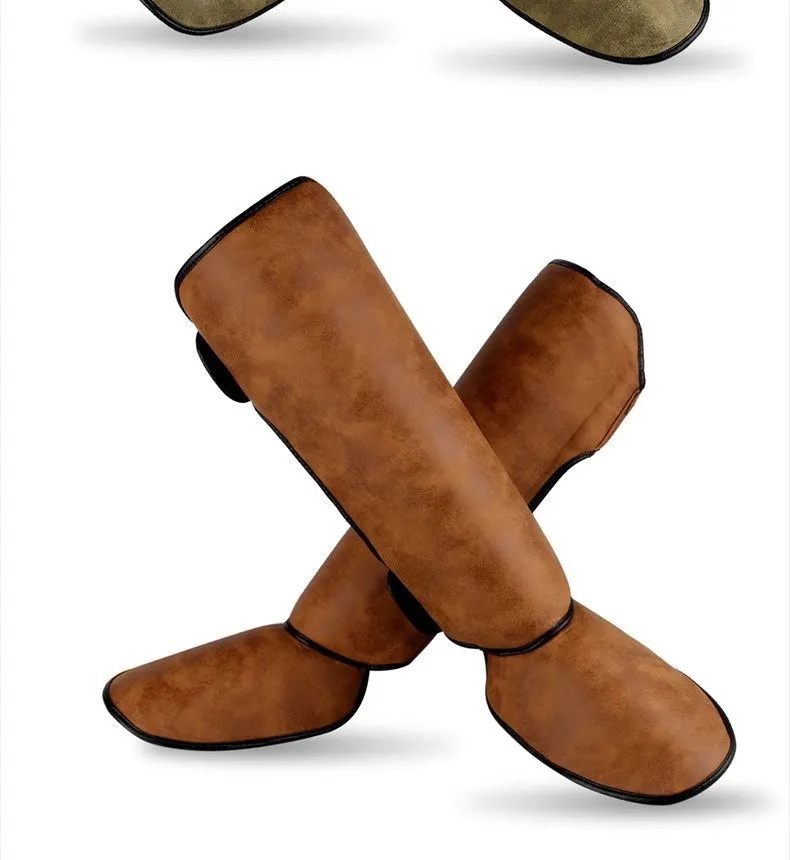 Thickened PU fighting boxing shin guard in brown vertical style for fitness training