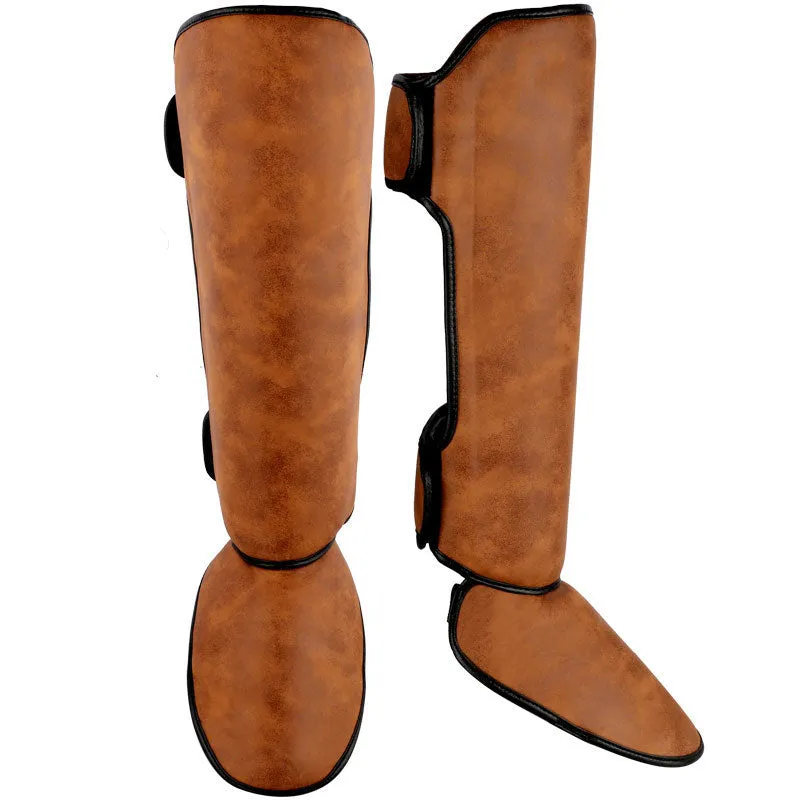Thickened PU fighting boxing shin guard in brown vertical style for fitness training