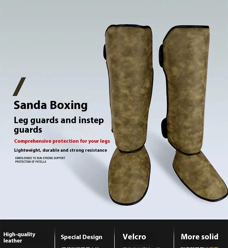 Thickened PU fighting boxing shin guard in brown vertical style for fitness training
