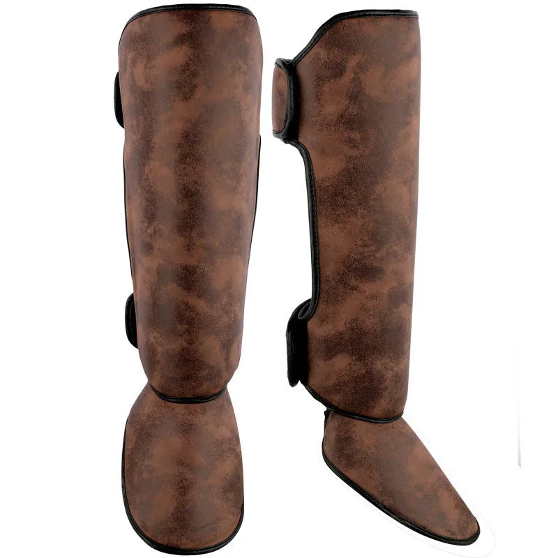 Thickened PU fighting boxing shin guard in brown vertical style for fitness training