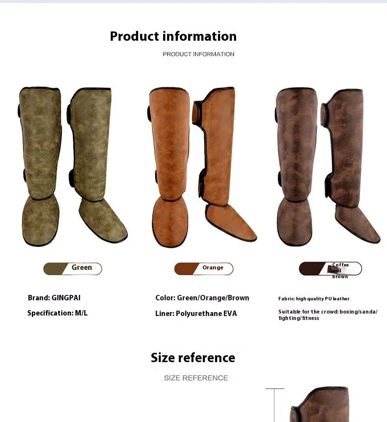 Thickened PU fighting boxing shin guard in brown vertical style for fitness training