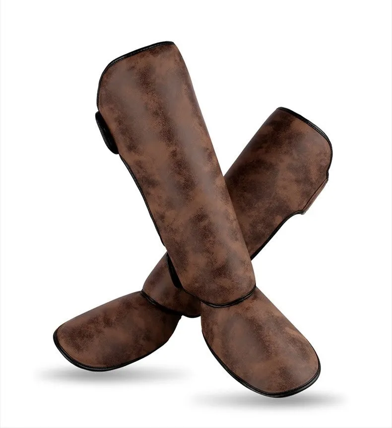 Thickened PU fighting boxing shin guard in brown vertical style for fitness training