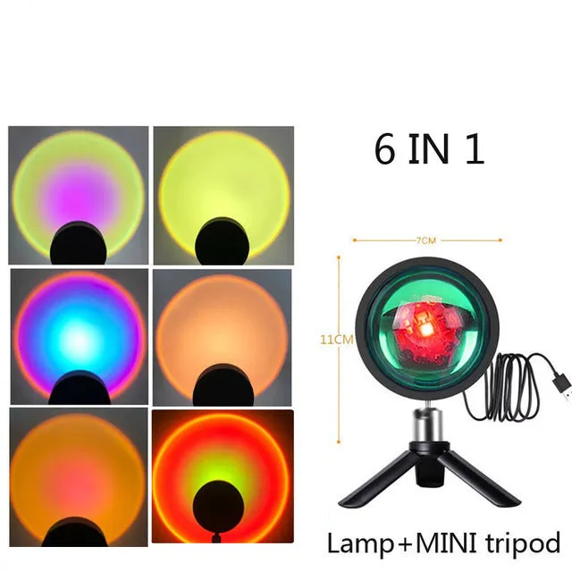 Sunset projection lamp rainbow night light with remote control, USB powered, alloy and plastic construction, 6 colour 17cm stand