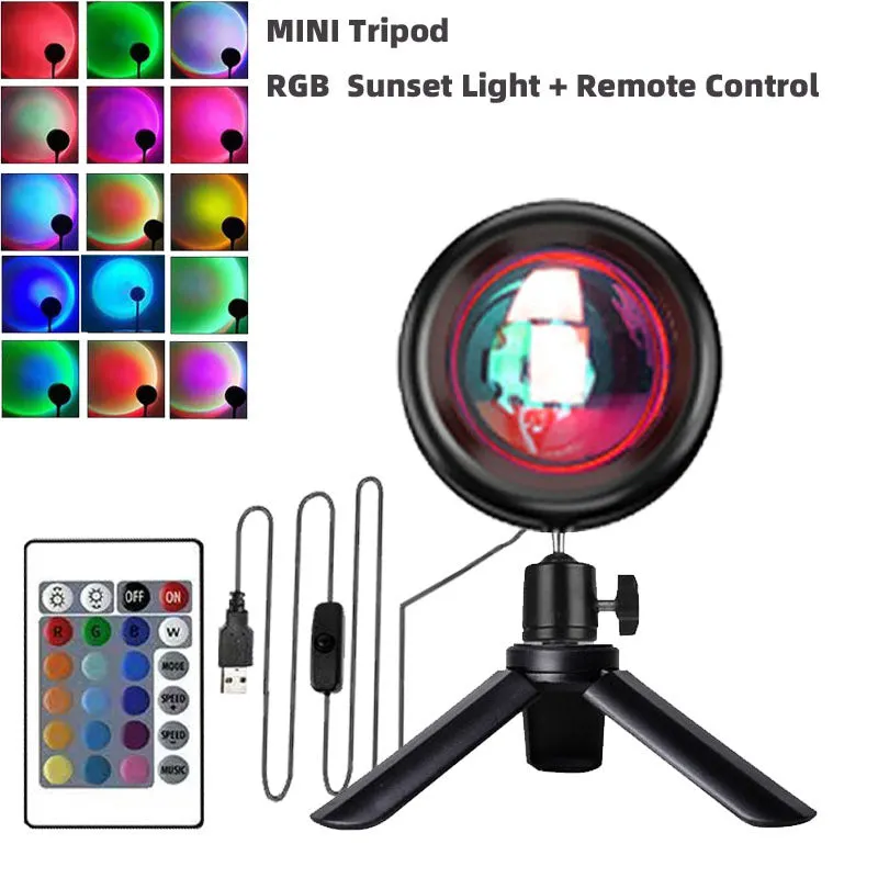 Sunset projection lamp rainbow night light with remote control, USB powered, alloy and plastic construction, 6 colour 17cm stand