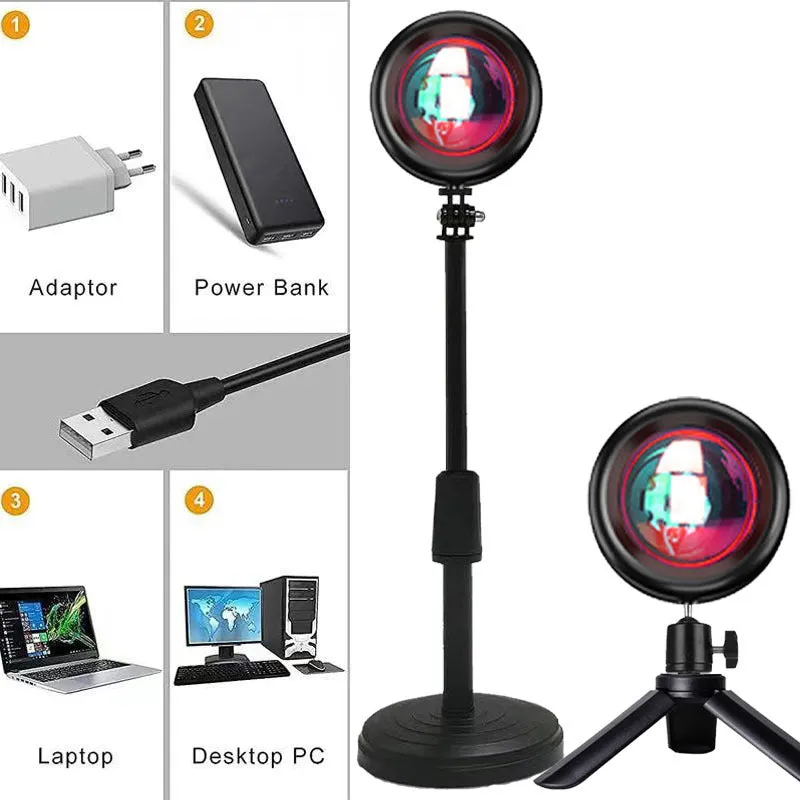 Sunset projection lamp rainbow night light with remote control, USB powered, alloy and plastic construction, 6 colour 17cm stand