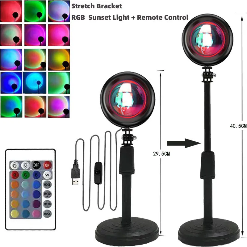 Sunset projection lamp rainbow night light with remote control, USB powered, alloy and plastic construction, 6 colour 17cm stand