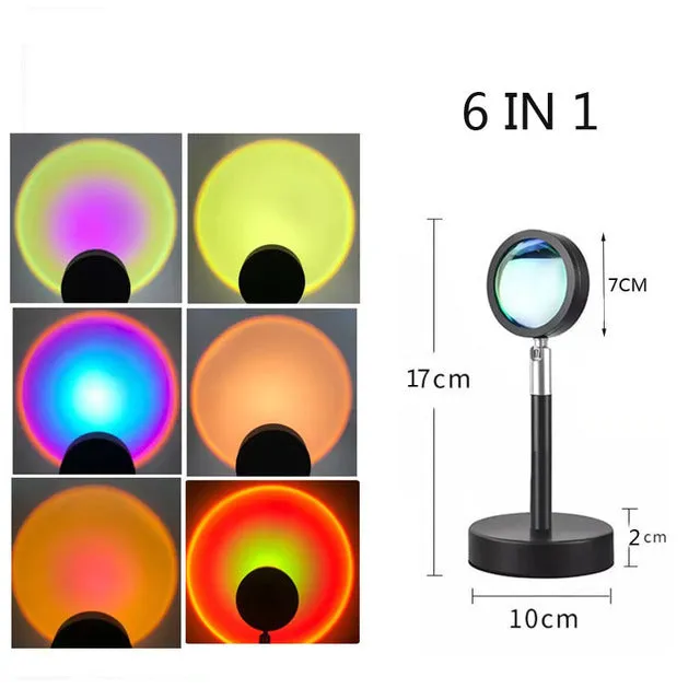 Sunset projection lamp rainbow night light with remote control, USB powered, alloy and plastic construction, 6 colour 17cm stand