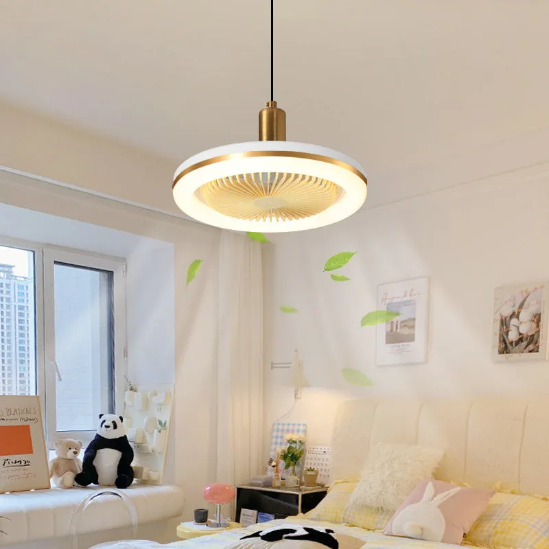 Modern minimalist ceiling fan lamp with light, golden chandelier finish, quiet muted motor for bedroom dining room