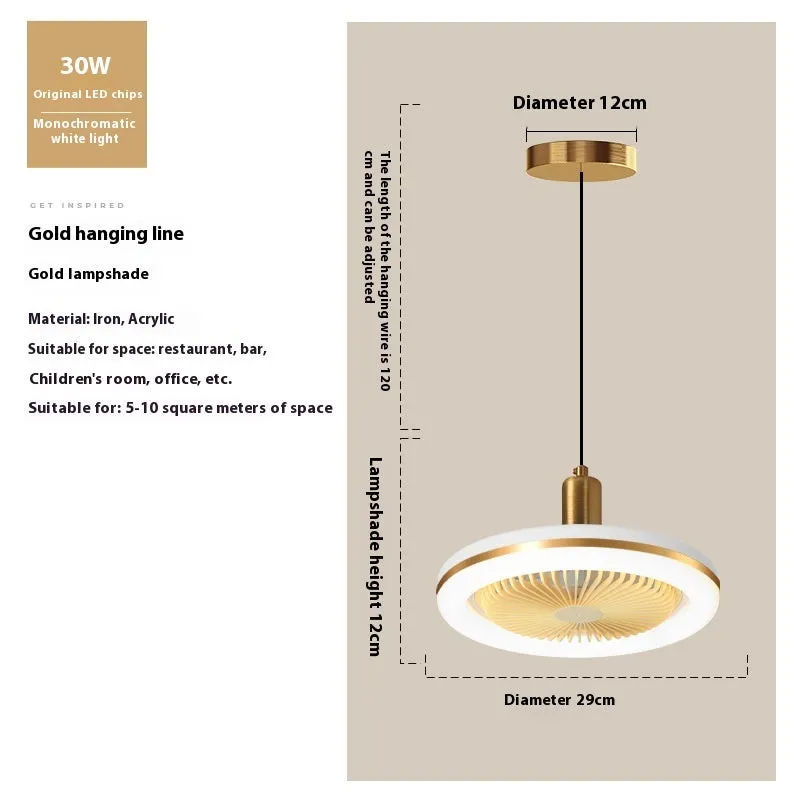 Modern minimalist ceiling fan lamp with light, golden chandelier finish, quiet muted motor for bedroom dining room