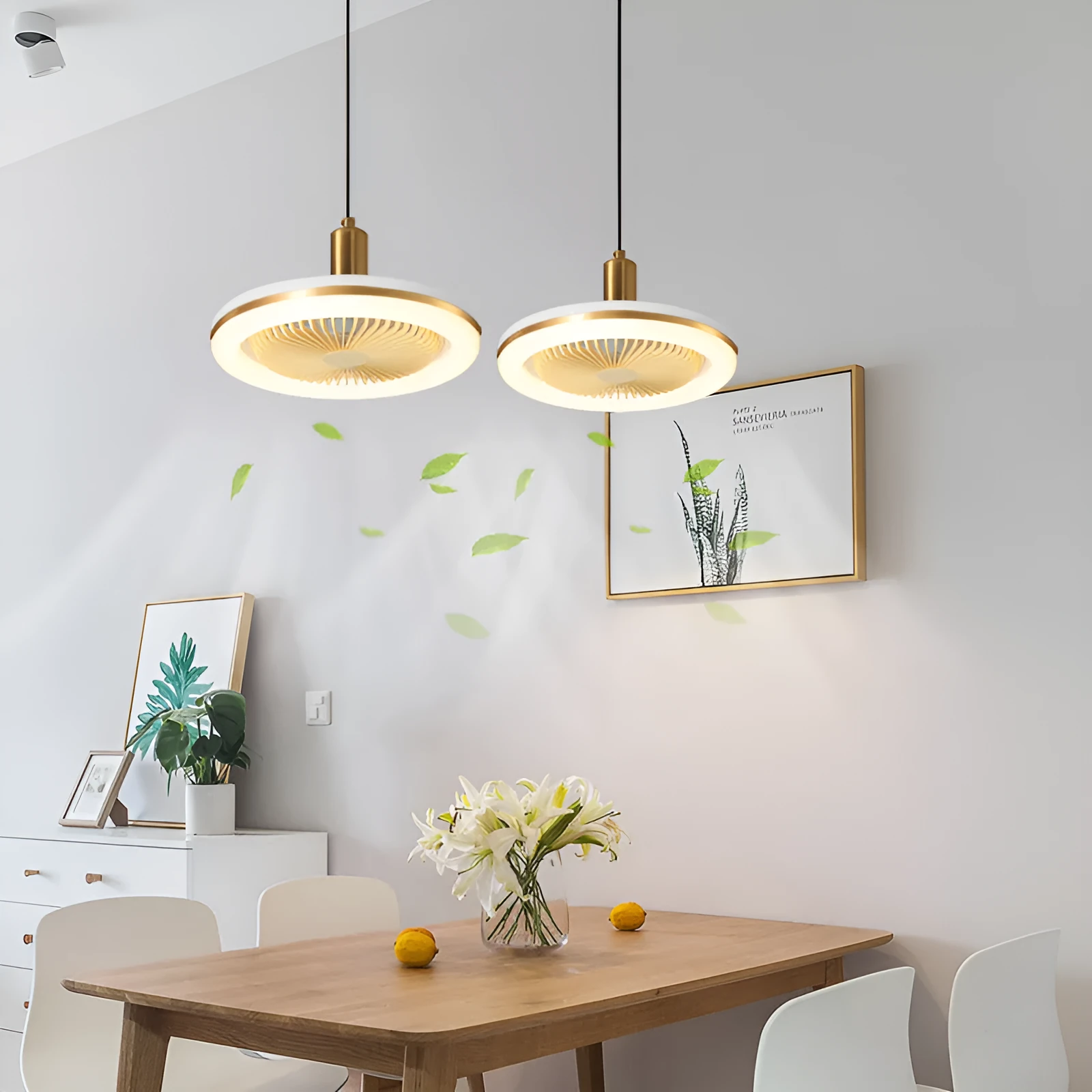 Modern minimalist ceiling fan lamp with light, golden chandelier finish, quiet muted motor for bedroom dining room