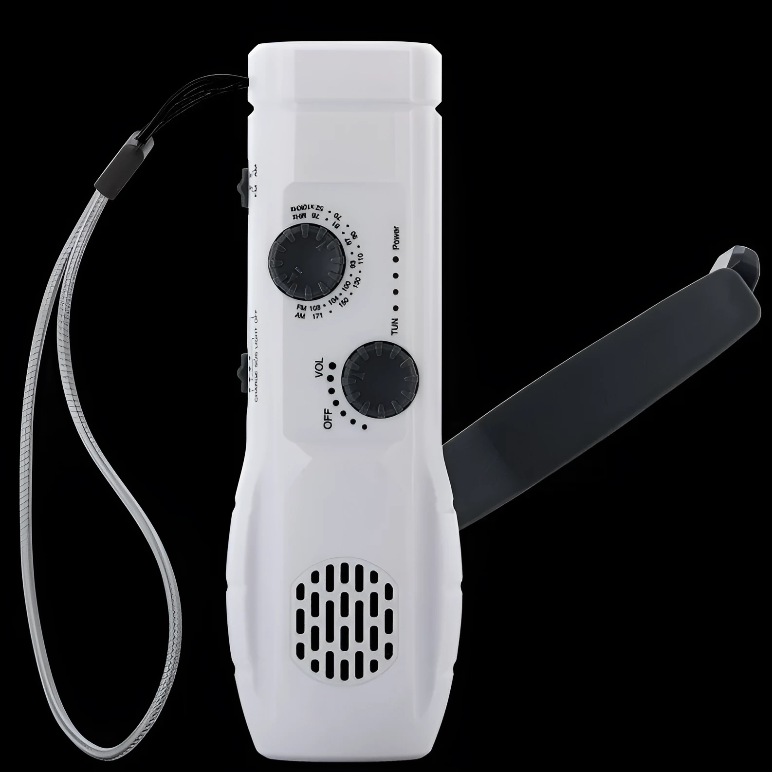 Hand-cranked emergency radio flashlight with USB charging port built-in speaker and manual tuning dial in black
