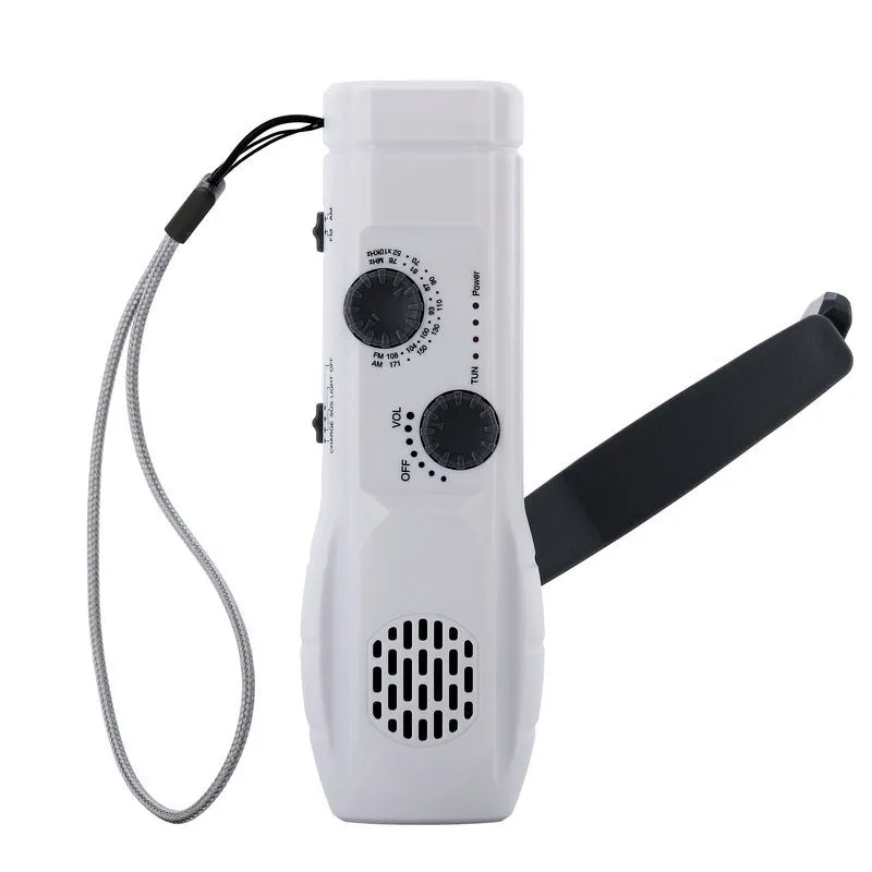 Hand-cranked emergency radio flashlight with USB charging port built-in speaker and manual tuning dial in black