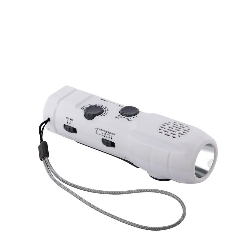 Hand-cranked emergency radio flashlight with USB charging port built-in speaker and manual tuning dial in black