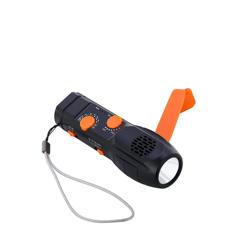 Hand-cranked emergency radio flashlight with USB charging port built-in speaker and manual tuning dial in black