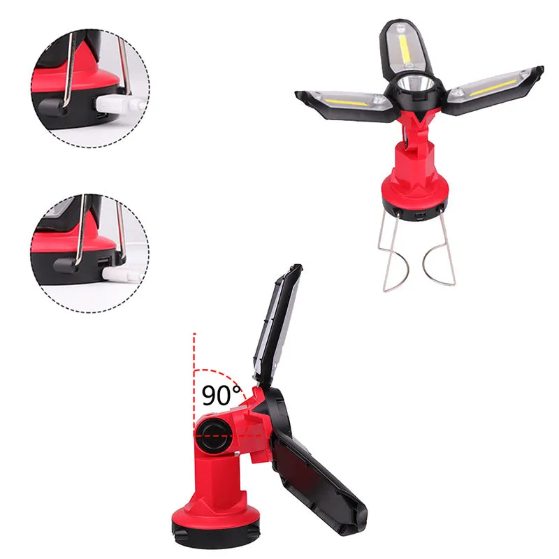 Red LED camping light with 8 lighting modes and built-in 18650 battery, shown in table lamp position