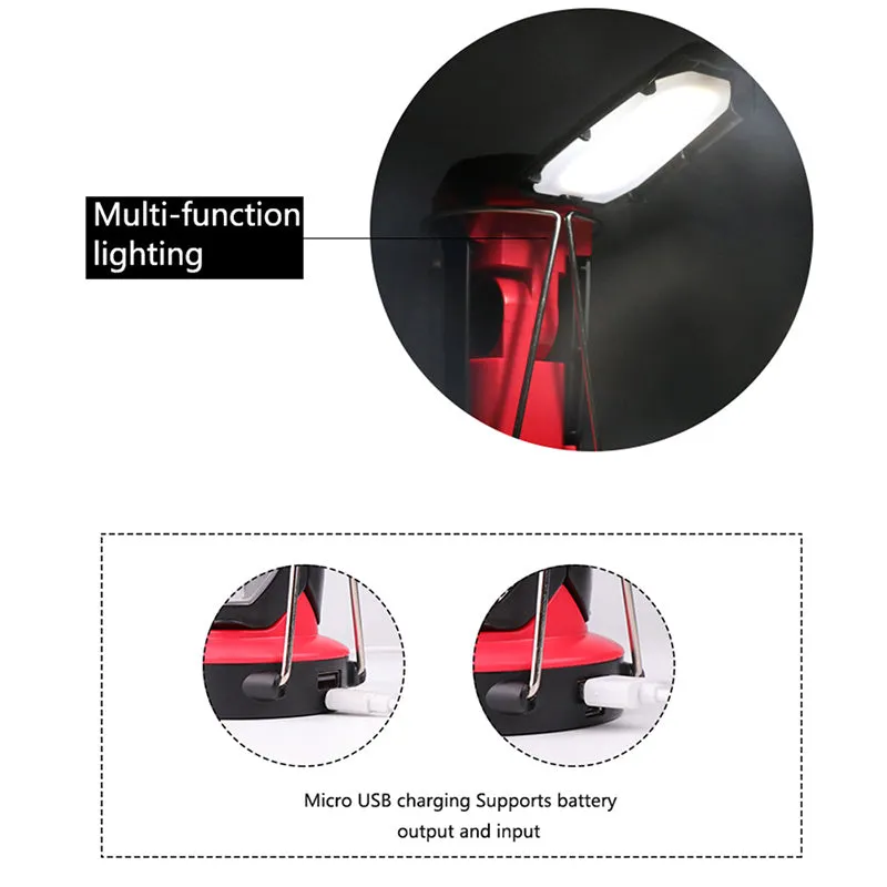 Red LED camping light with 8 lighting modes and built-in 18650 battery, shown in table lamp position