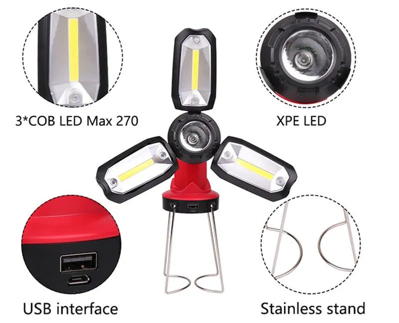 Red LED camping light with 8 lighting modes and built-in 18650 battery, shown in table lamp position