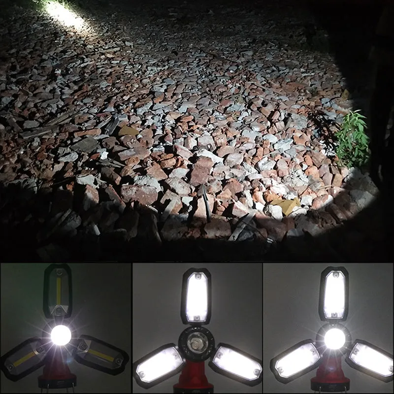 Red LED camping light with 8 lighting modes and built-in 18650 battery, shown in table lamp position