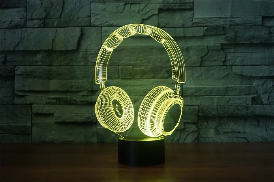 Stereo earphone illusion decorative table lamp with acrylic shade, LED light, and USB cable